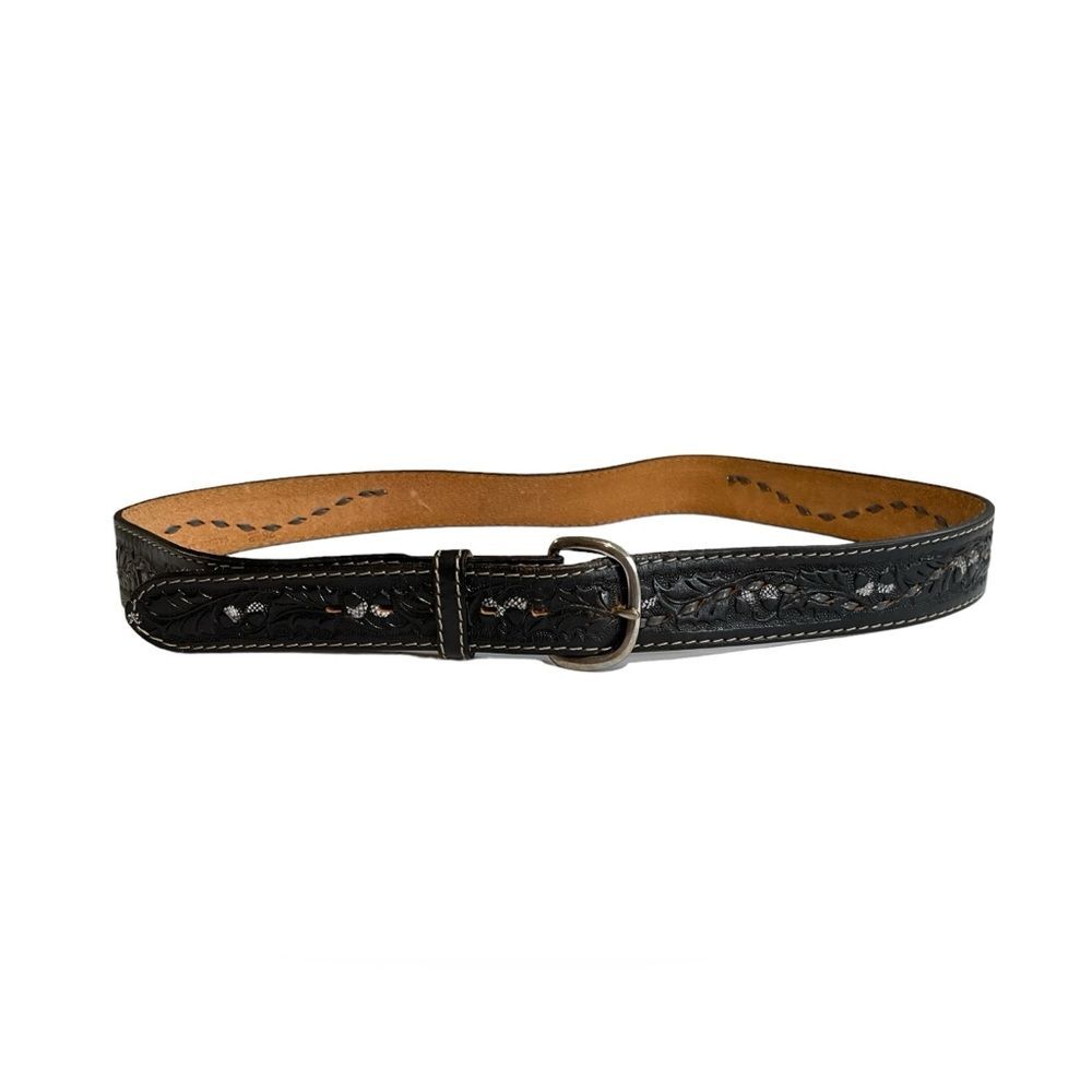 VTG Men’s XL Western Leather belt hand stitched acorn motif GUC